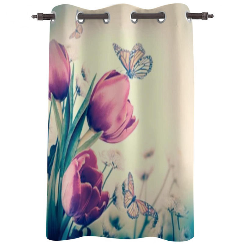 Super Six Fenstervorhang mit Blumenstrauß aus roten Tulpen und Schmetterlingen, modern und semi-transparent, Farbe: Weiß/Mehrfarbig, Breite: 135 cm, Höhe: 60 cm - Bild 2