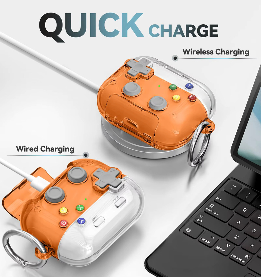 Apple AirPods Pro 4 und Pro 3 Schutzhülle im 3D-Gamer-Design mit Telefonständer-Funktion und sicherem Verschluss, transparent/orange - Bild 4