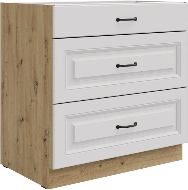 Küchen Unterschrank Stilo Weiß und Eiche Artisan mit Vollauszug und Soft-Close, Breite: 80 cm - Bild 1