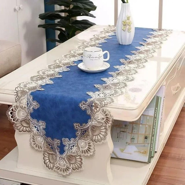Wasserdichte Tischfahne JINGYUE Pet mit Spitzenmuster in Blau, B/H: 140 x 100 cm - Bild 1