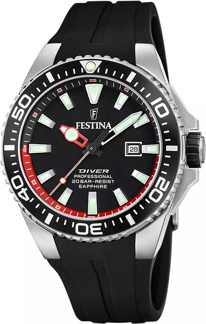 Festina Herrenuhr Professional Diver, Quarz, Edelstahl, 45 mm, Schwarz - Bild 1