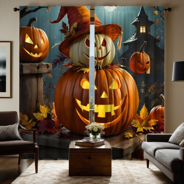 2er-Set Halloween Vorhang mit Kürbis, Vogelscheuche und Geist Motiv in Braun und Multicolour, B: 132 cm, H: 160 cm - Bild 1