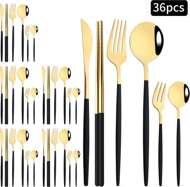 Zoseil Besteckset aus Edelstahl mit 36 Teilen in Schwarz und Gold bestehend aus Messern, Gabeln, Löffeln und Essstäbchen - Bild 1