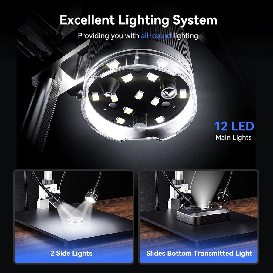 TOMLOV Digitalmikroskop TriL110 mit 10,1 Zoll IPS-Bildschirm, 2500X Vergrößerung, 2K HDMI Anschluss und 14 LED-Leuchten, Schwarz - Bild 6