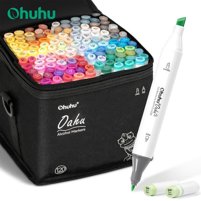 Ohuhu Oahu Alkohol-Marker Set mit 120 Farben, Doppelspitzen Filzstifte für Manga, Graffiti und Skizzen, Mehrfarbig - Bild 1