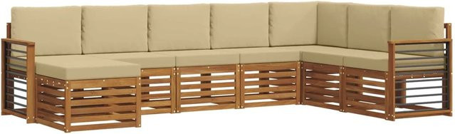 vidaXL Sofagarnitur 8-teilig L-Form aus Massivholz Akazie in Natur und Beige mit Polstern und Armlehnen - Bild 1