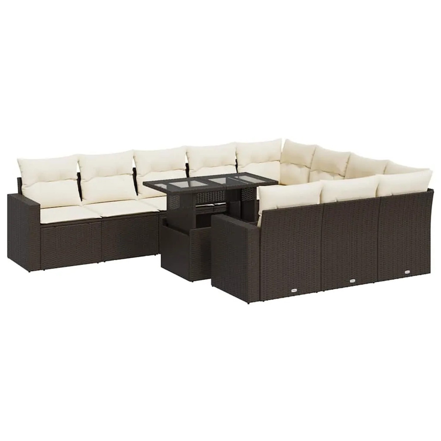 vidaXL 11-tlg. Garten-Sofagarnitur in L-Form aus braunem Poly-Rattan mit Kissen und pulverbeschichtetem Stahlgestell - Bild 2