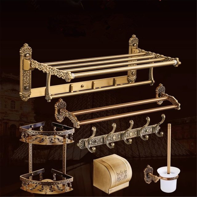 Tuqiu Badezimmer-Set aus Bronze und Aluminium mit Handtuchhalter, Toilettenpapierhalter und Toilettenbürstenhalter in Gold - Bild 1