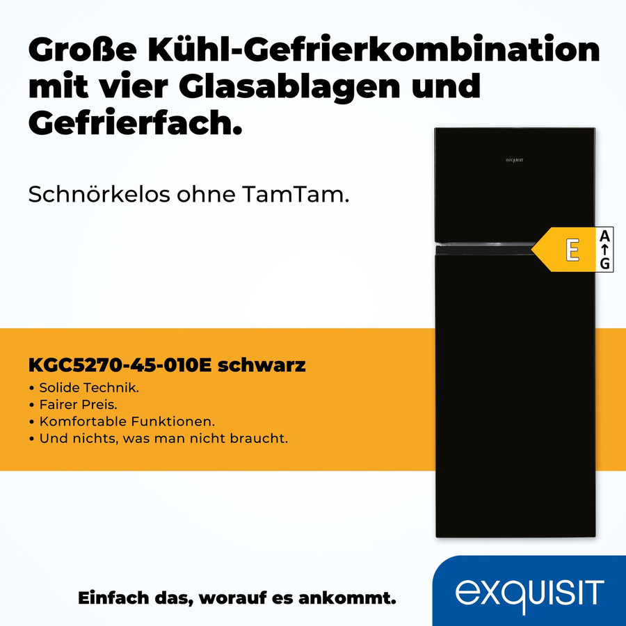 Exquisit KGC5270-45-010E Kühl-Gefrierkombination schwarz, Standgerät mit Gefrierteil oben, B/T/H: 55 x 60 x 176 cm - Bild 3