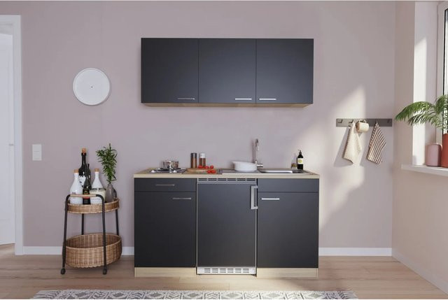 Respekta Singleküche Modern in Schwarz Matt mit Einbaugeräten B/H/T: 150 x 200 x 60 cm - Bild 1