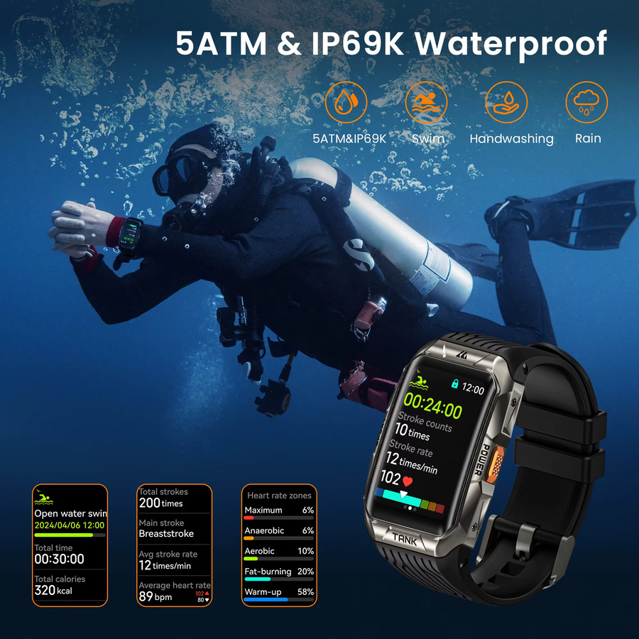 KOSPET TANK X2 Smartwatch für Herren mit 1,64 Zoll AMOLED Display, IP69K wasserdicht, Bluetooth-Anrufe und 170 Sportmodi in Schwarz oder Silber - Bild 3