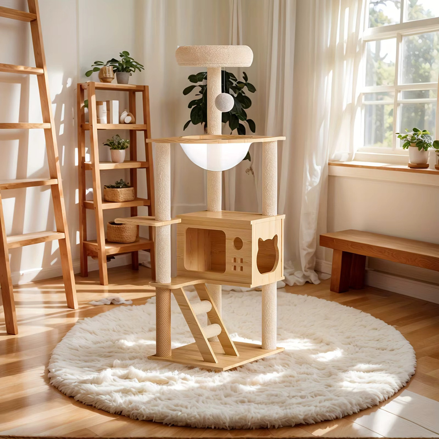 GUANGLIE Moderner Katzenturm aus Holz mit Acryl-Hängematte und Höhle in Beige und Gelb mit Sisal-Kratzbäumen und Sitzstange, Höhe: 124 cm - Bild 3