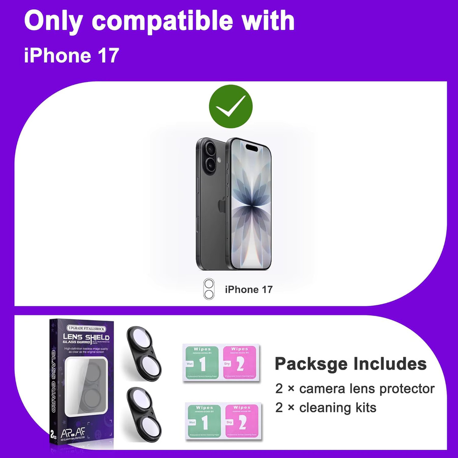 2er-Pack Kameralinsen-Schutz aus gehärtetem Glas für Apple iPhone 17 Air und iPhone 17 Pro Max in Schwarz - Bild 2