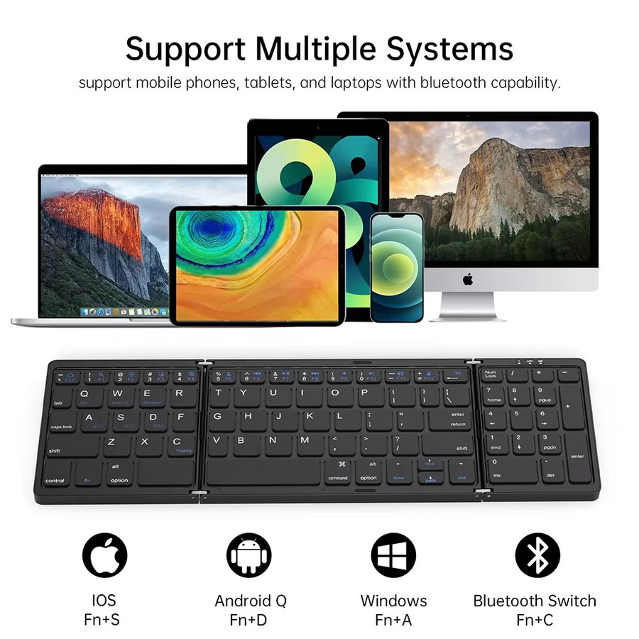 KEBETEME Zusammenklappbare Bluetooth-Tastatur mit Ziffernblock, kabellose faltbare Tastatur für iOS, Android und Windows, Farbe: Schwarz - Bild 4