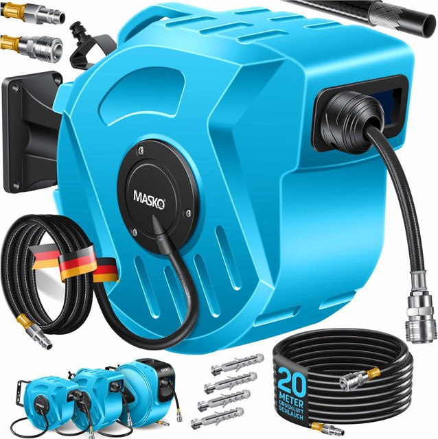 MASKO Automatik Druckluftschlauch Aufroller in Blau mit 1/4 Zoll Anschluss, Wandhalterung und Tragegriff - Bild 1