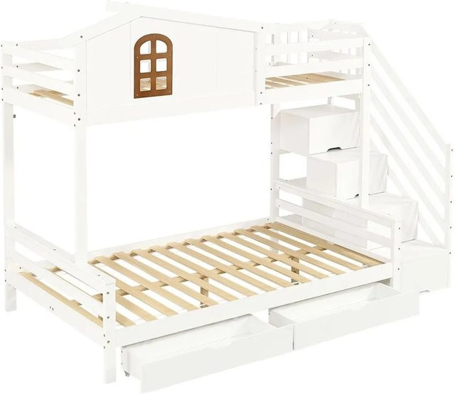 KOMHTOM Etagenbett für Kinder aus Kiefernholz und Sperrholz mit Kleiderschrank, Leiter, Lattenrost und 2 Schubladen, Weiß und Natur - Bild 1