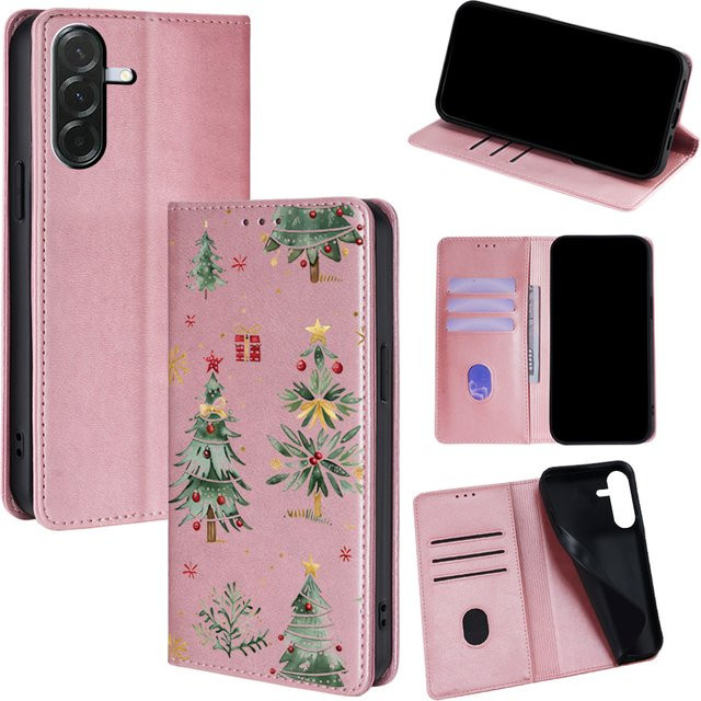 Leder Brieftasche Hülle mit Weihnachtsbaummuster für Samsung Galaxy S25 Ultra S25 FE S24 S23 S22 Plus Flip Cover A56 A36 A26 A17 A07 in Braun oder Pink - Bild 1