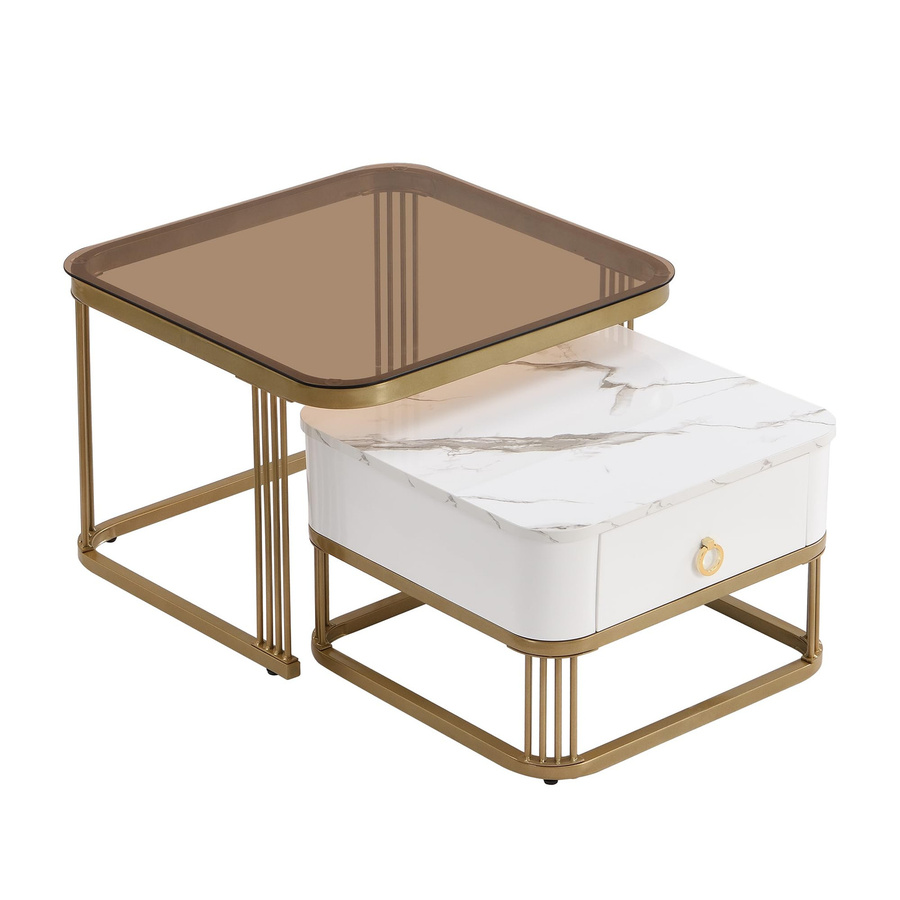 Flieks Nesting Set Couchtisch 2er Set mit Marmoroptik und Glasplatte in Weiß/Braun - Bild 2