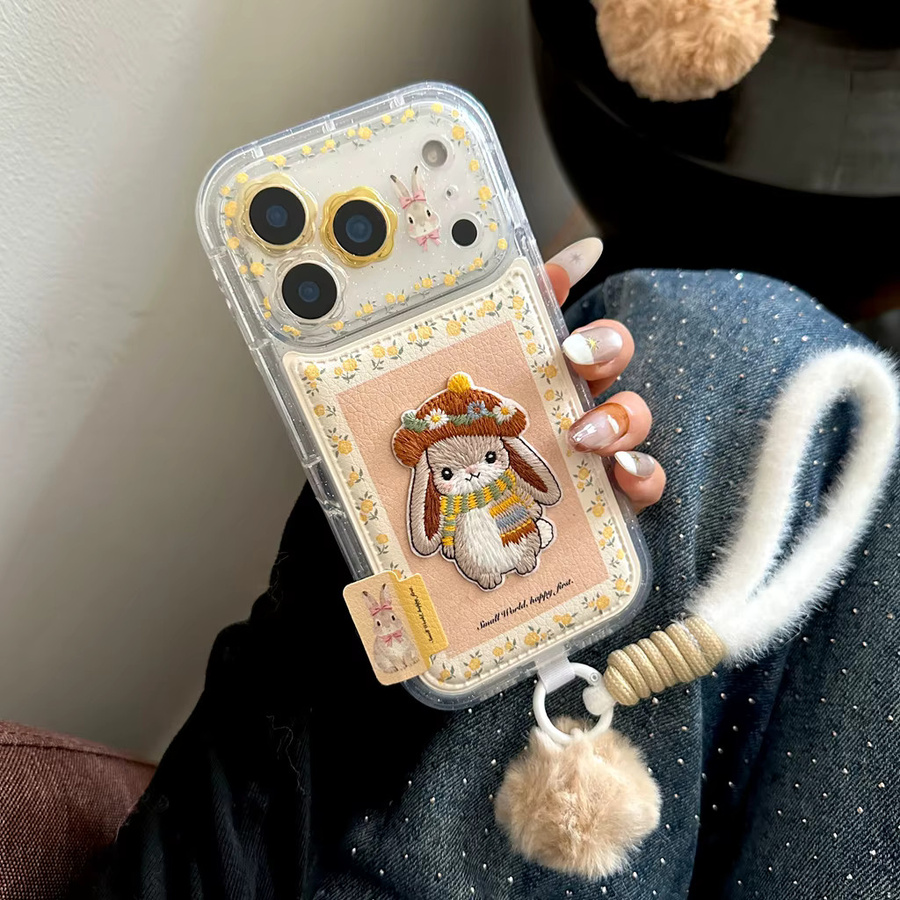 Handyhülle mit Stickerei und Plüschball im Kaninchen-Design mit gelber Blume und Lanyard für iPhone 17, 16, 15 und 14 Pro Max, Gelb/Mehrfarbig - Bild 4