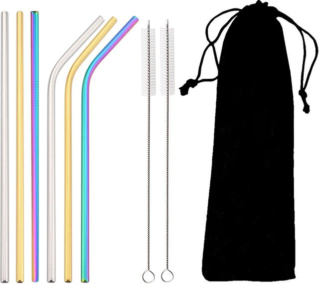 Uniturcky Trinkhalm Set aus 304 Edelstahl mit Reinigungsbürste, 9 Stück, gerade und gebogen, Multicolor und Silber - Bild 1
