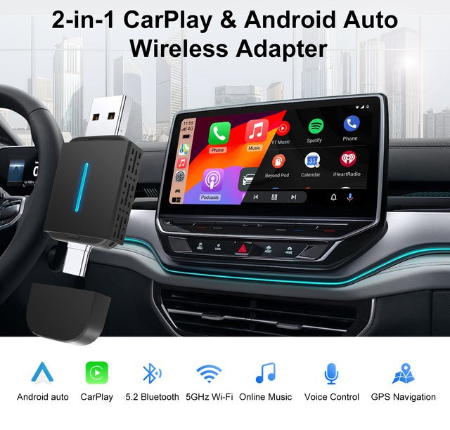 ANYFAR 2-in-1 Wireless CarPlay und Android Auto Adapter in Schwarz mit Bluetooth, WiFi und USB-C Anschluss für OEM Fahrzeuge - Bild 1