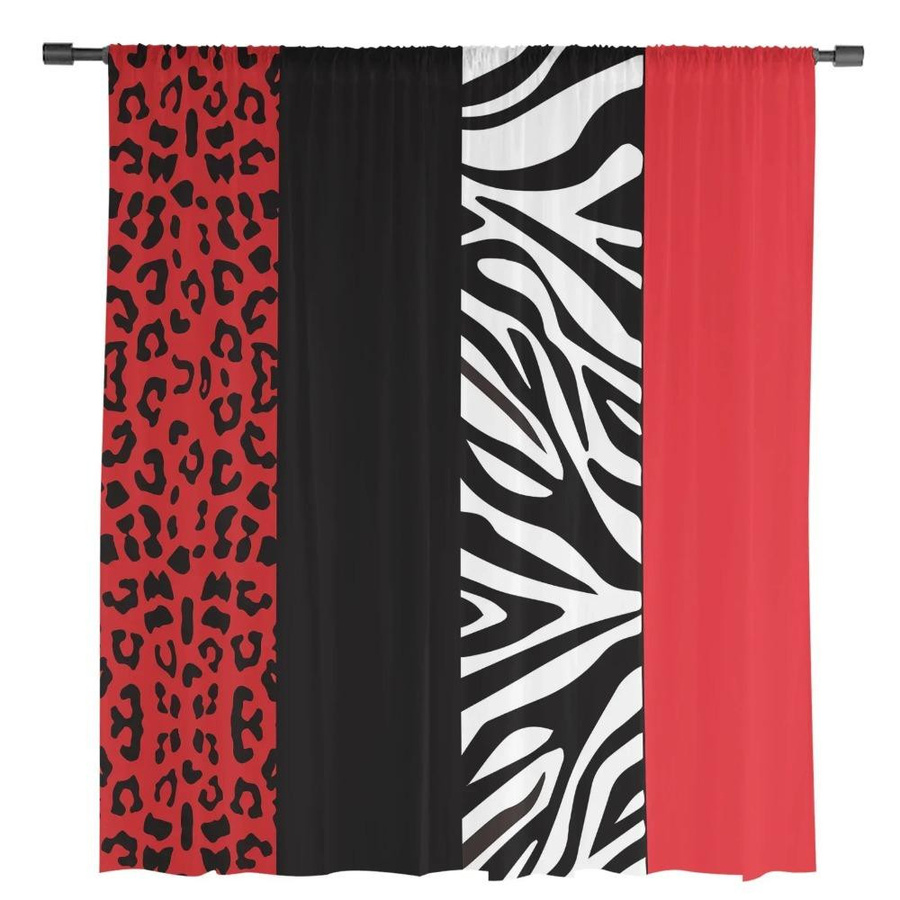Yiran Furniture Transparentes Tüll-Fensterdekoration mit Zebra-Leopard-Print in Rot und Schwarz, Organza-Vorhang mit Ösen, Breite: 135 cm, Höhe: 115 cm - Bild 1
