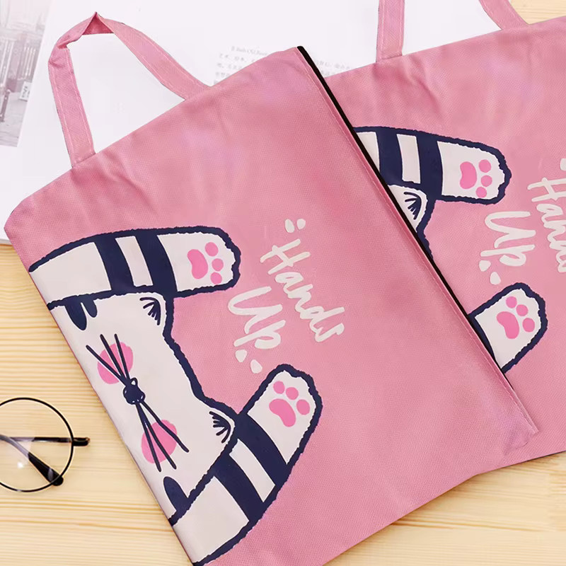 Tragbare Dokumententasche aus Leinwand mit süßem Katzen-Design in Pink für Schule und Büro - Bild 2