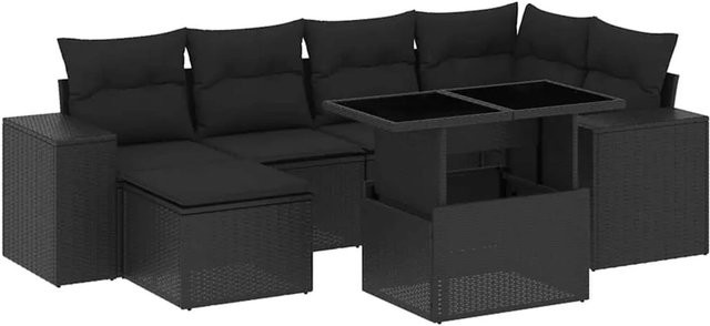 vidaXL 7-teilige Garten-Sofagarnitur in L-Form aus schwarzem Poly-Rattan mit UV-beständigen Kissen und pulverbeschichtetem Stahlgestell - Bild 1