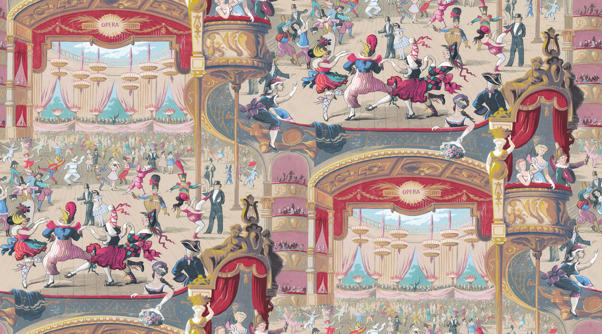 Cole & Son Tapete Cabaret in Rot und Gelb, Vintage Mural Abstract Non-Woven - Bild 1