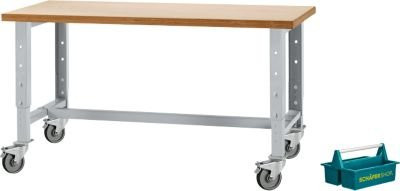 Schäfer Shop Select Werkbank fahrbar und höhenverstellbar in Weißaluminium RAL 9006, B: 150 cm, T: 70 cm, H: 67,6-88,8 cm - Bild 1