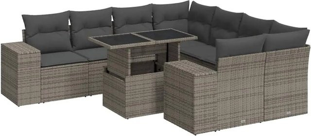 vidaXL 9-tlg. Garten-Sofagarnitur in L-Form aus grauem Poly-Rattan mit Kissen und pulverbeschichtetem Stahlgestell - Bild 1