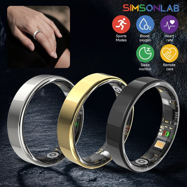 SIMSONLAB Smart Ring mit Bluetooth zur Herzfrequenz-, Blutsauerstoff- und Schlafüberwachung, wasserdicht, Schwarz, Unisex - Bild 1
