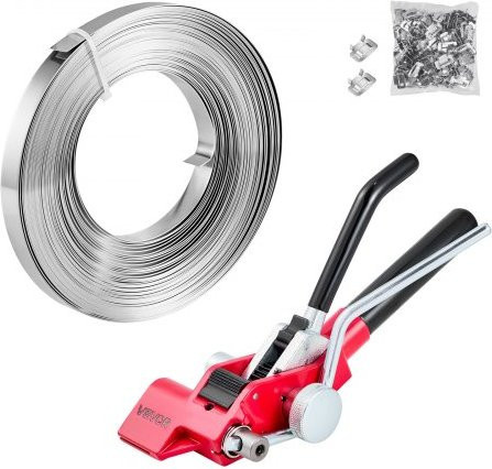 VEVOR 3-teiliges Stahlband Umreifungsset in Silber aus Edelstahl mit 30,5 m Metallband, 100 Metallklammern und Schneider für industrielle Verpackung und Transport - Bild 1