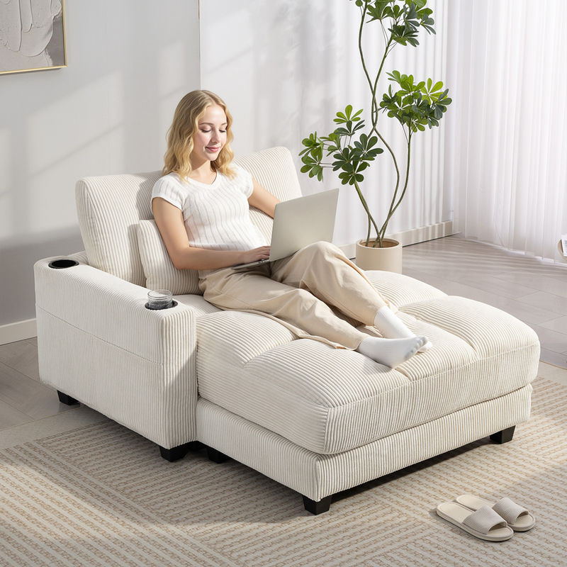 HOMCOM Chaiselongue 2 Sitzer Schlafsofa mit Bettfunktion in Cord-Optik, Cremeweiß, B/T/H: 114 x 147 x 1 cm - Bild 2