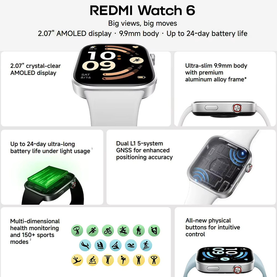 Xiaomi Redmi Watch 6 Smartwatch in Grau mit 2,07 Zoll AMOLED-Display, Herzfrequenz- und Blutsauerstoffüberwachung sowie langer Akkulaufzeit - Bild 1