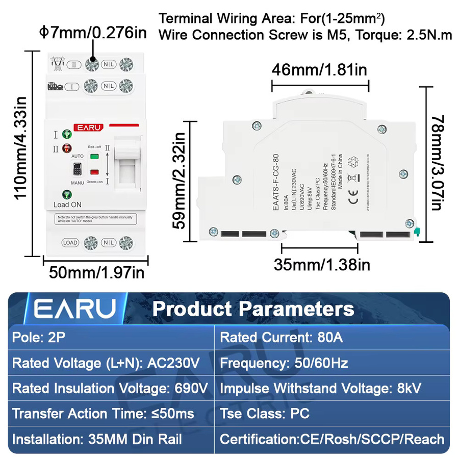 EARU 2er Set Automatischer Transferschalter ATS Mini Doppelstrom-Wahlschalter 80A AC230V 50/60Hz für DIN-Schiene in Weiß - Bild 2