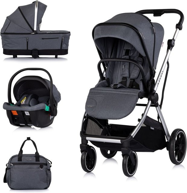 Chipolino Kombikinderwagen Aurora 3 in 1 mit Babyschale, Babywanne, Sportsitz und Tasche in Dunkelgrau - Bild 1