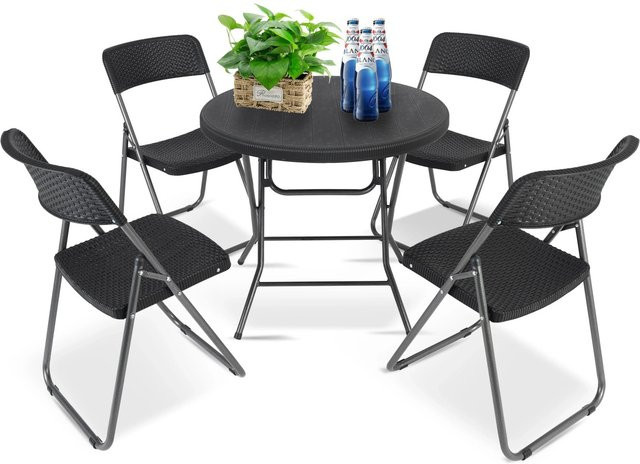 Sekey Balkonset 5-teilig für 4 Personen, klappbare Gartenmöbel aus Eisenrohr und PE-Rattan in Schwarz - Bild 1