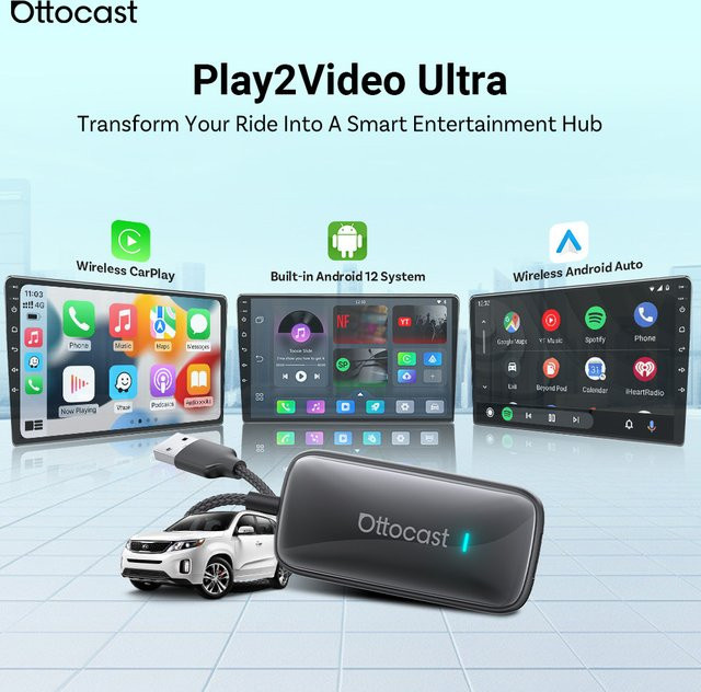 Ottocast Play2Video Ultra Kabellose CarPlay Smart Box mit Hi-Res 1080P YouTube und lokaler Medienwiedergabe in Schwarz für VW - Bild 1
