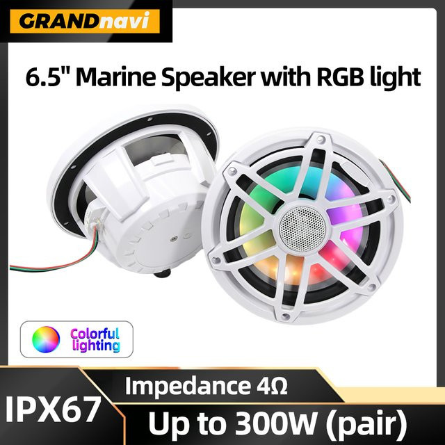 Grandnavi 2er Set Marine-Lautsprecher mit RGB-Beleuchtung, 6,5 Zoll, 300W, wasserdicht IPX67, Schwarz/Multicolor - Bild 1