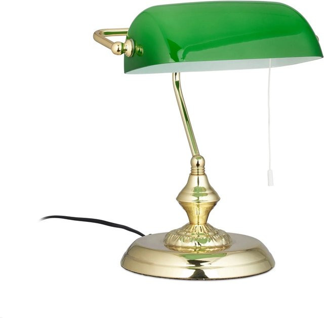 Relaxdays Bankerlampe im Retro-Design aus Metall und Glas in Grün und Messing mit E27-Fassung und Zugschalter, B/T/H: 31 x 22,5 x 18,5 cm - Bild 1