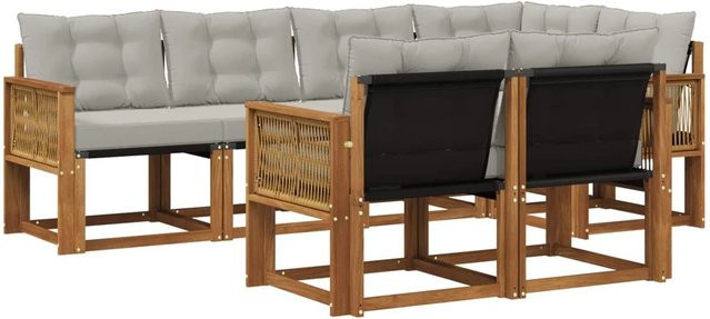 vidaXL Outdoor-Sofagarnitur L-Form aus massivem Akazienholz mit 7 Kissen in Natur und Hellgrau - Bild 1