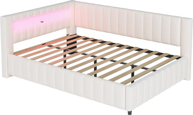 Merax Schlafsofa aus Samt in Beige mit LED-Unterbettbeleuchtung und USB-Anschluss B/T/H: 209,0 x 147,5 x 82,0 cm - Bild 1