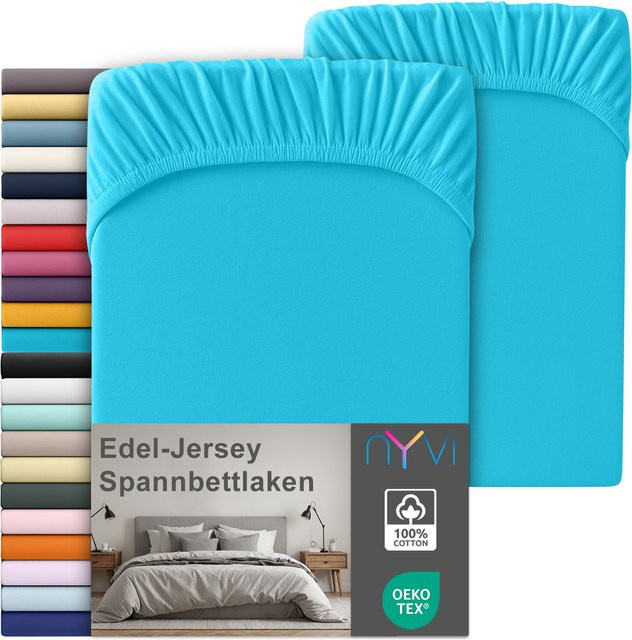 NYVI Edel Jersey Spannbettlaken Deluxe 2er Set aus 100% supergekämmter Baumwolle, Farbe: Türkis, B/T: 90-100 x 200 cm - Bild 1