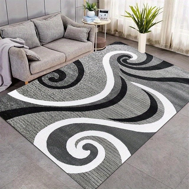 VIKAMA Moderner Geometrischer Teppich mit Wirbelmuster in Grau-Schwarz-Weiß, Abstrakter Druck, Rutschfest und Waschbar - Bild 1
