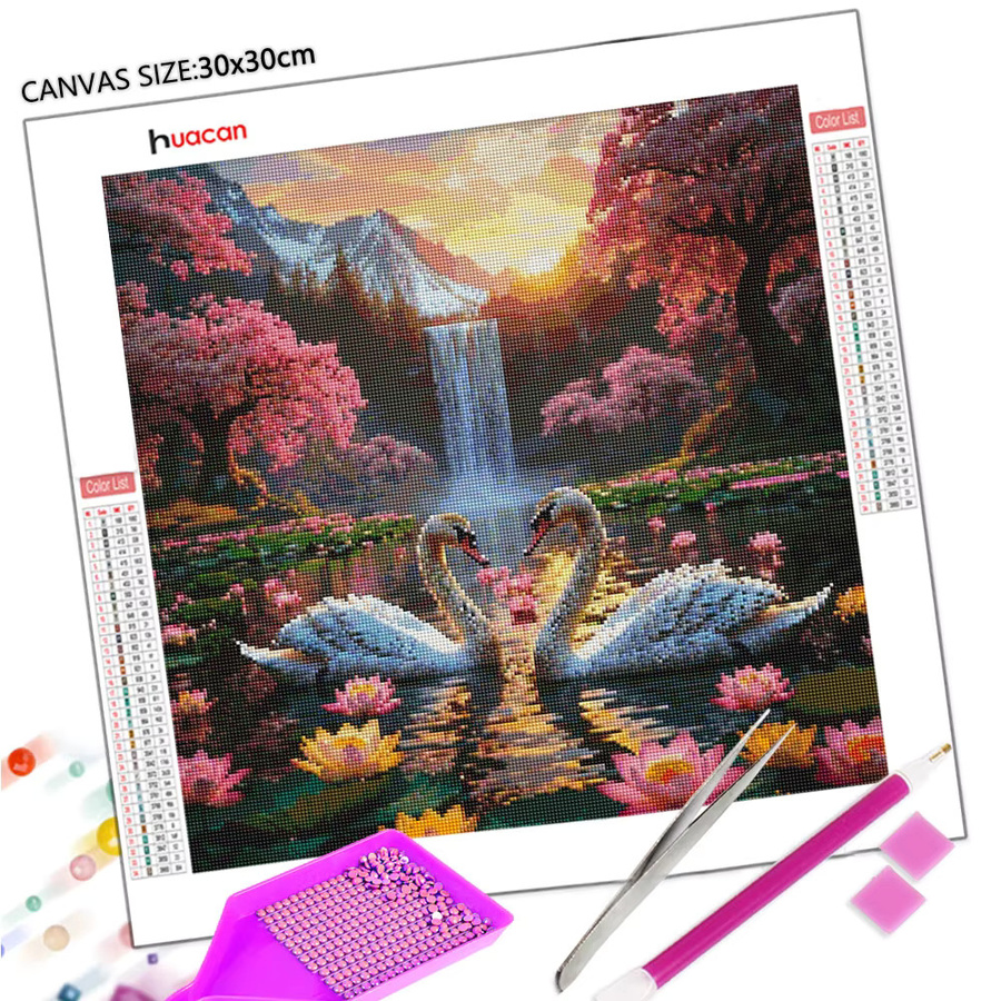 Huacan Voll-Diamant-Gemälde Schwanensee Lotus Diamant-Mosaik Tier-Landschaft in Multicolour, B/T/H: 20 x 20 x 20 cm - Bild 2