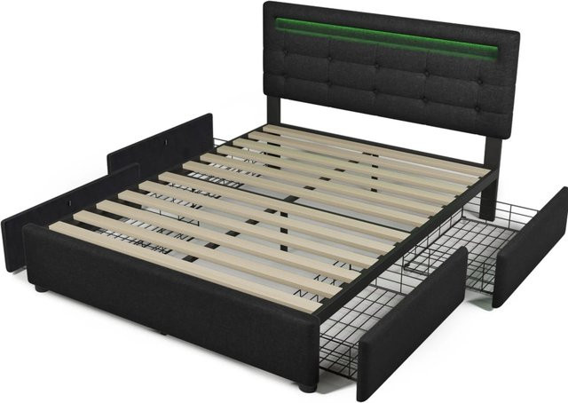 okwish Polsterbett mit LED-Beleuchtung und Schubladen in Schwarz, B/T/H: 140 x 200 x 103,5 cm - Bild 1