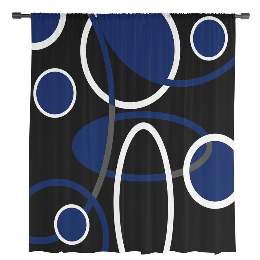 Yiran Furniture Transparenter Vorhang mit geometrischem Muster in Blau und Schwarz, Tüll Voile Organza mit Ösen, Breite: 135 cm, Höhe: 115 cm - Bild 3