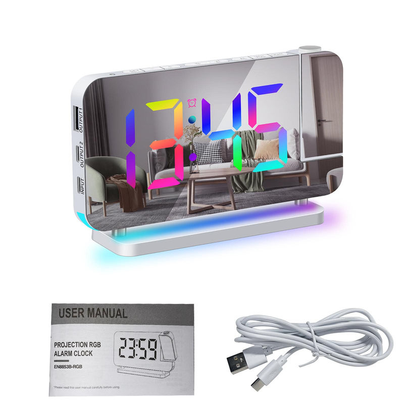 Tooarts Projektionswecker mit 7-Zoll RGB LED-Digitaluhr und Spiegeloberfläche in Weiß - Bild 7
