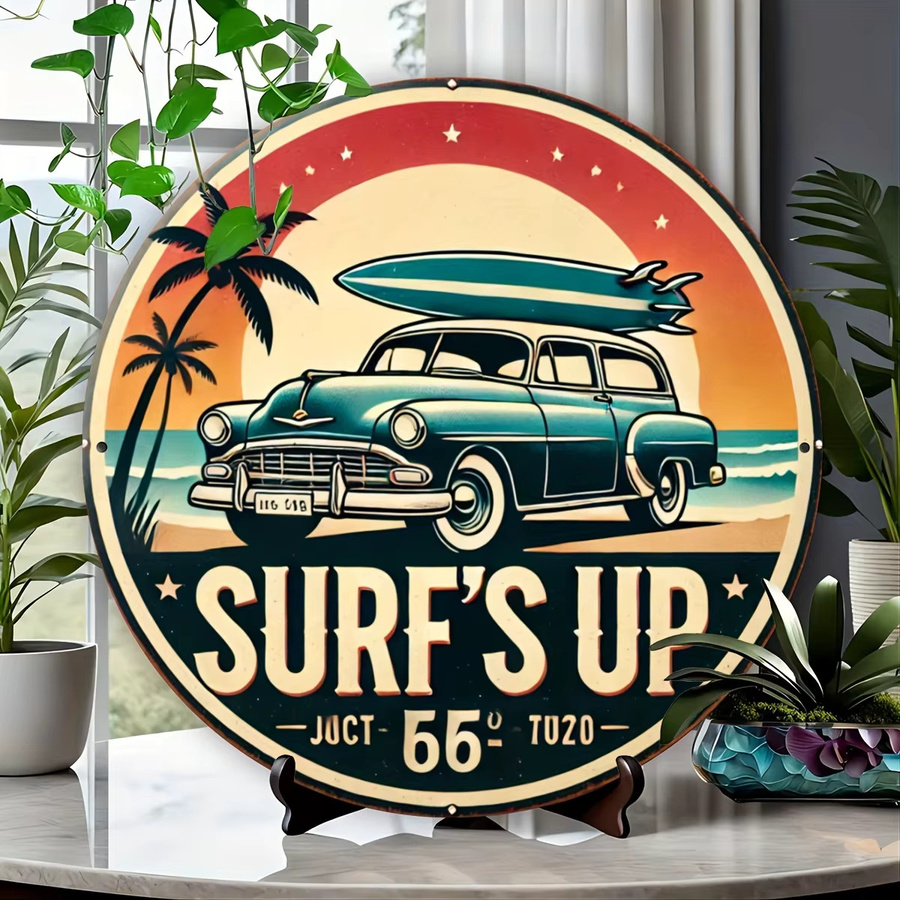 Potdemiel Vintage Surf's Up Rundes Metallschild Retro Stranddekoration aus Aluminium, Durchmesser: 20 cm, Mehrfarbig - Bild 3